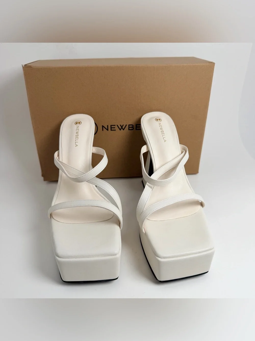 NEWBELLA Cream Strappy Platform Heels with Sculpted Flared Heel